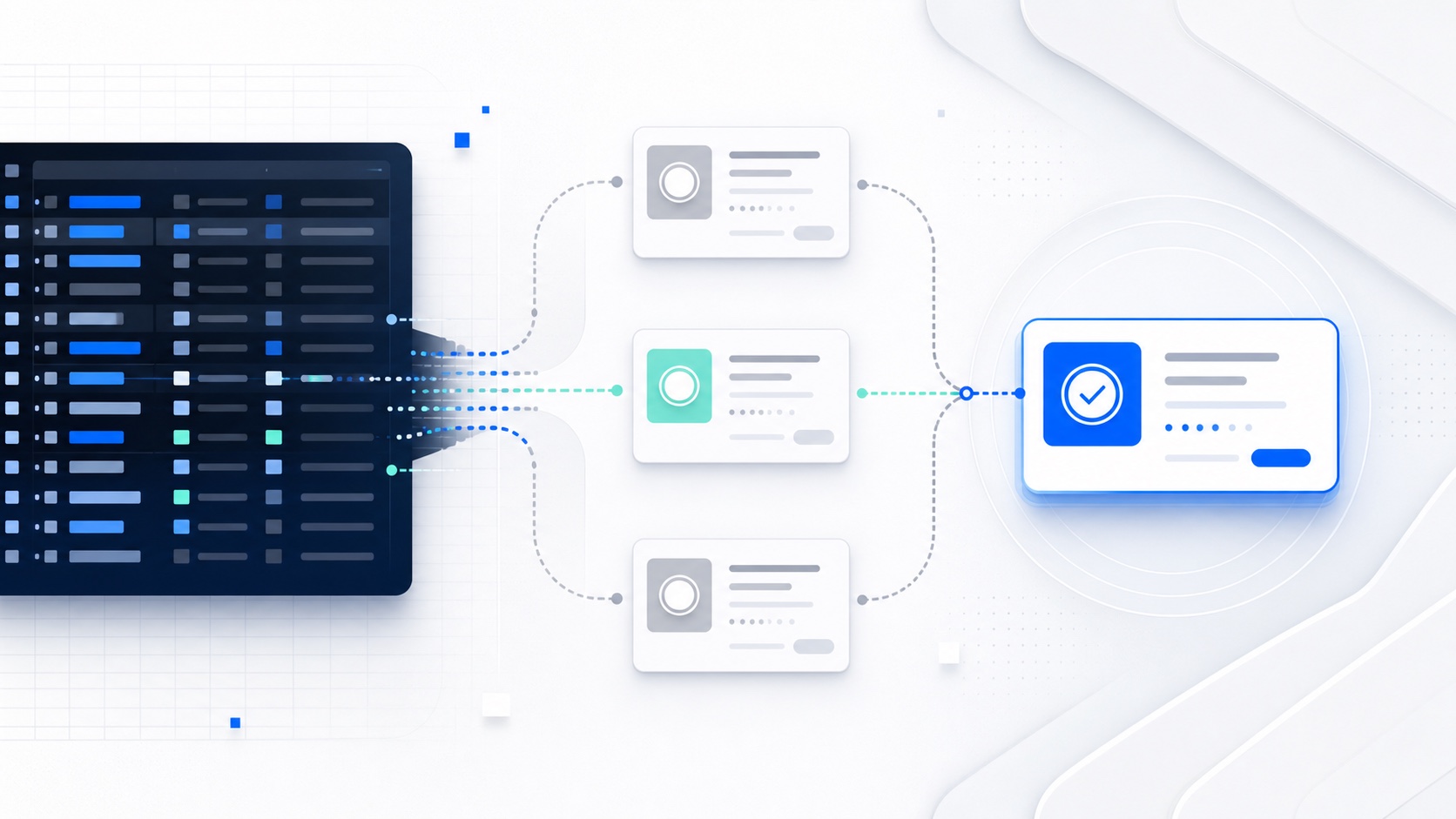 Abstract data rows converging into one selected financing offer card.